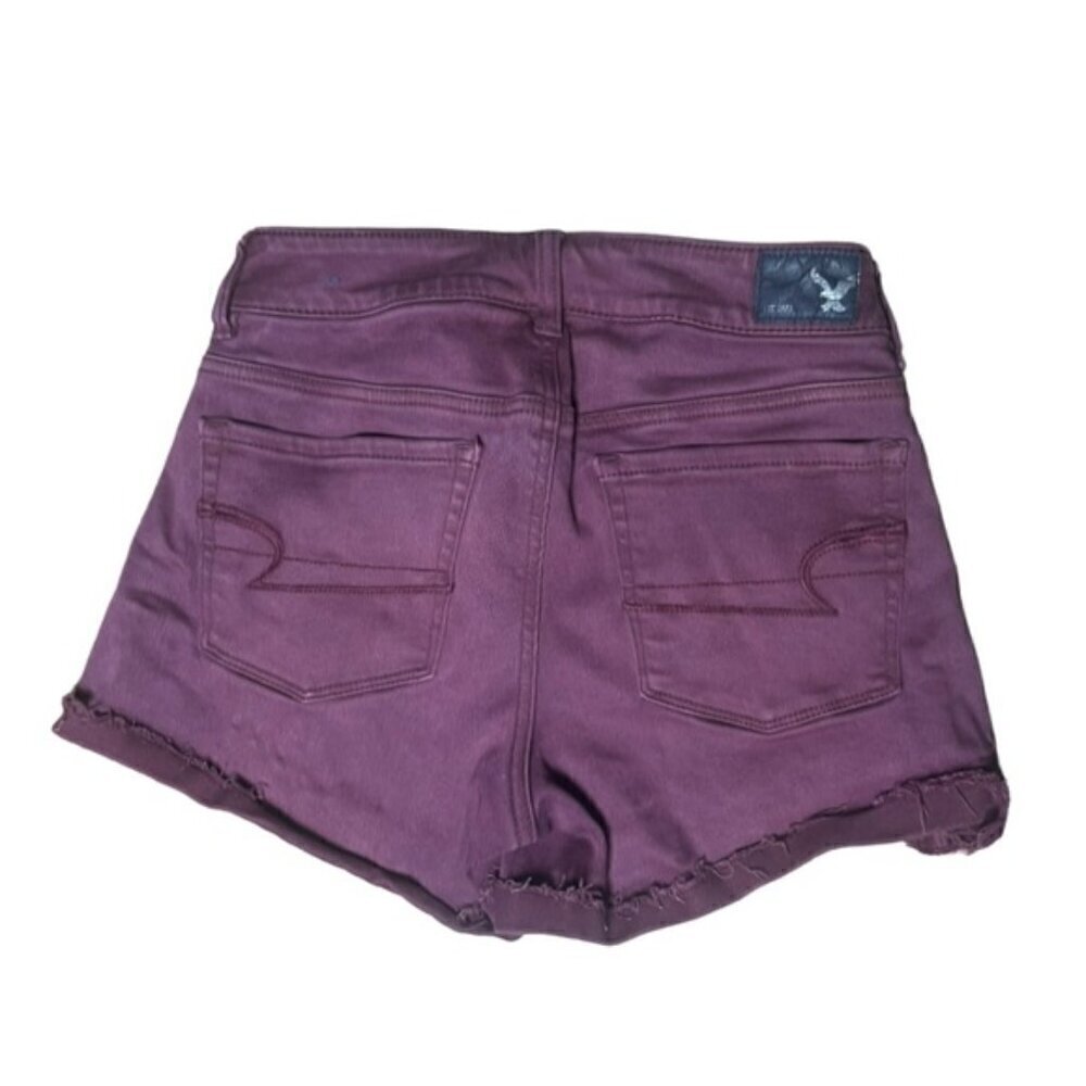 American Eagle 4 Hi-Rise Shortie Denim Stretch Shorts Burgundy Summer Boho Beach - Picture 1 of 5
